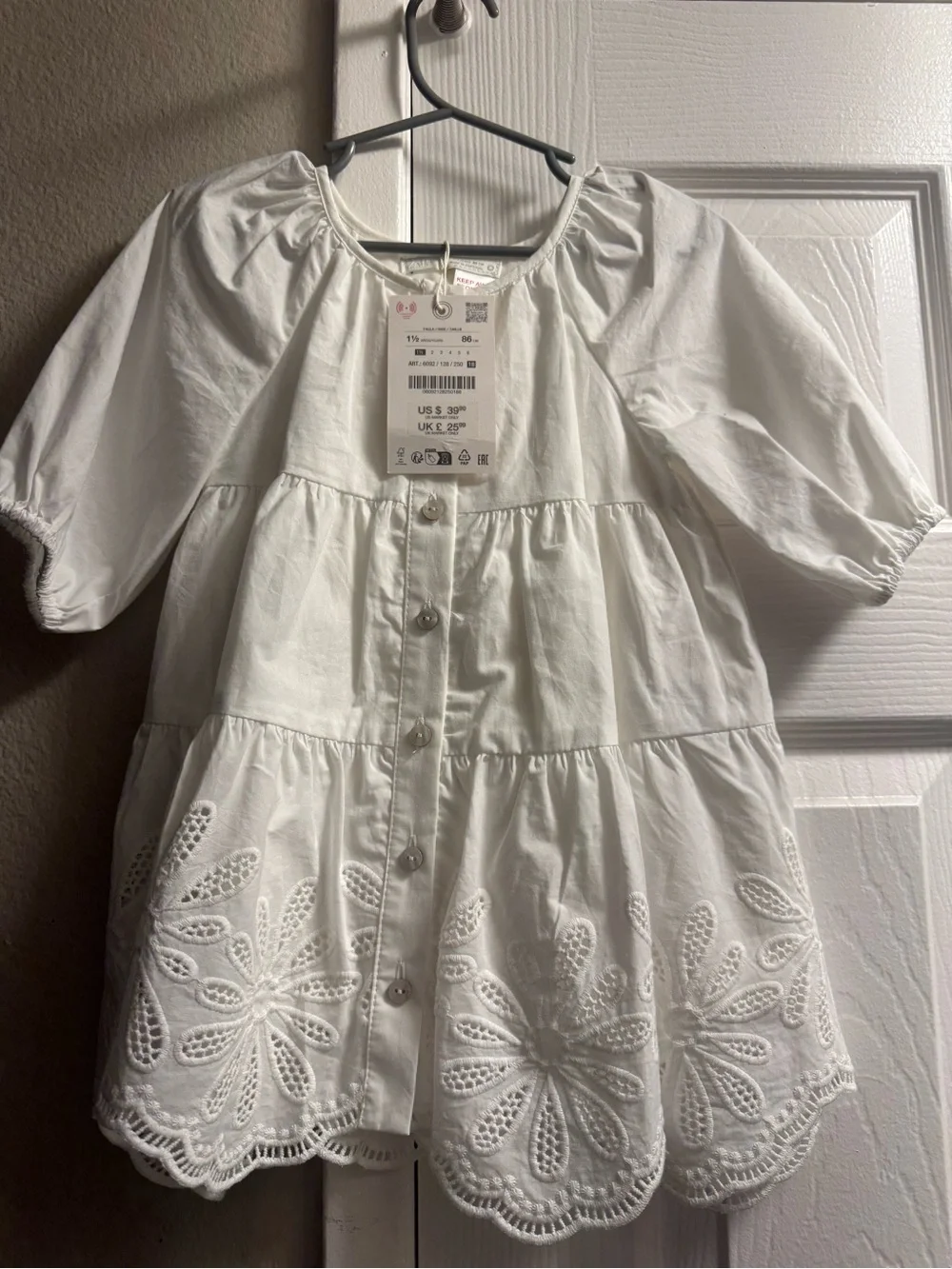 Zara Girls White Embroidered Tiered Button-Front Dress